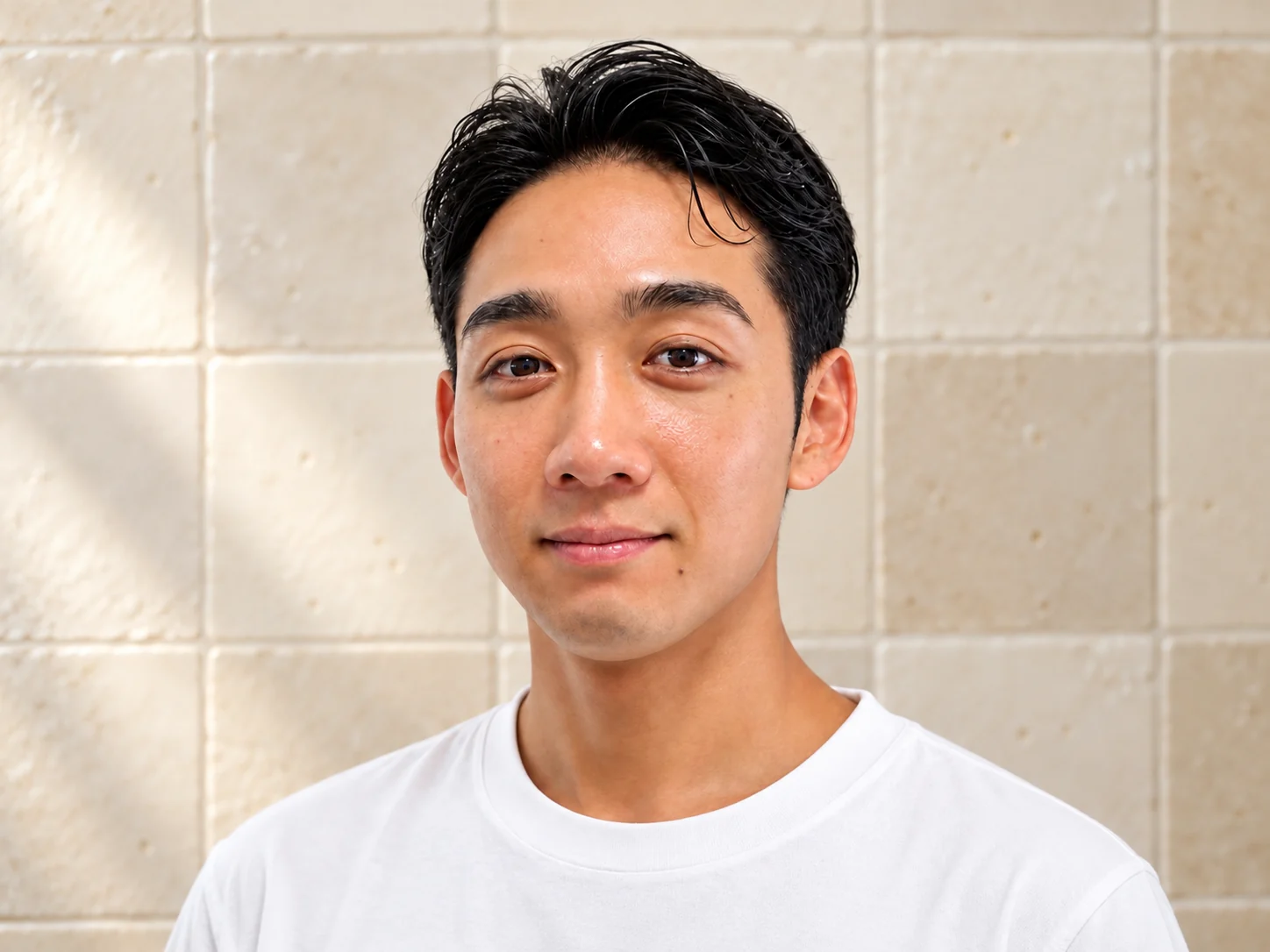 やわらかなアイボリーのタイルを背景にした、白いTシャツ姿のプロフィール写真